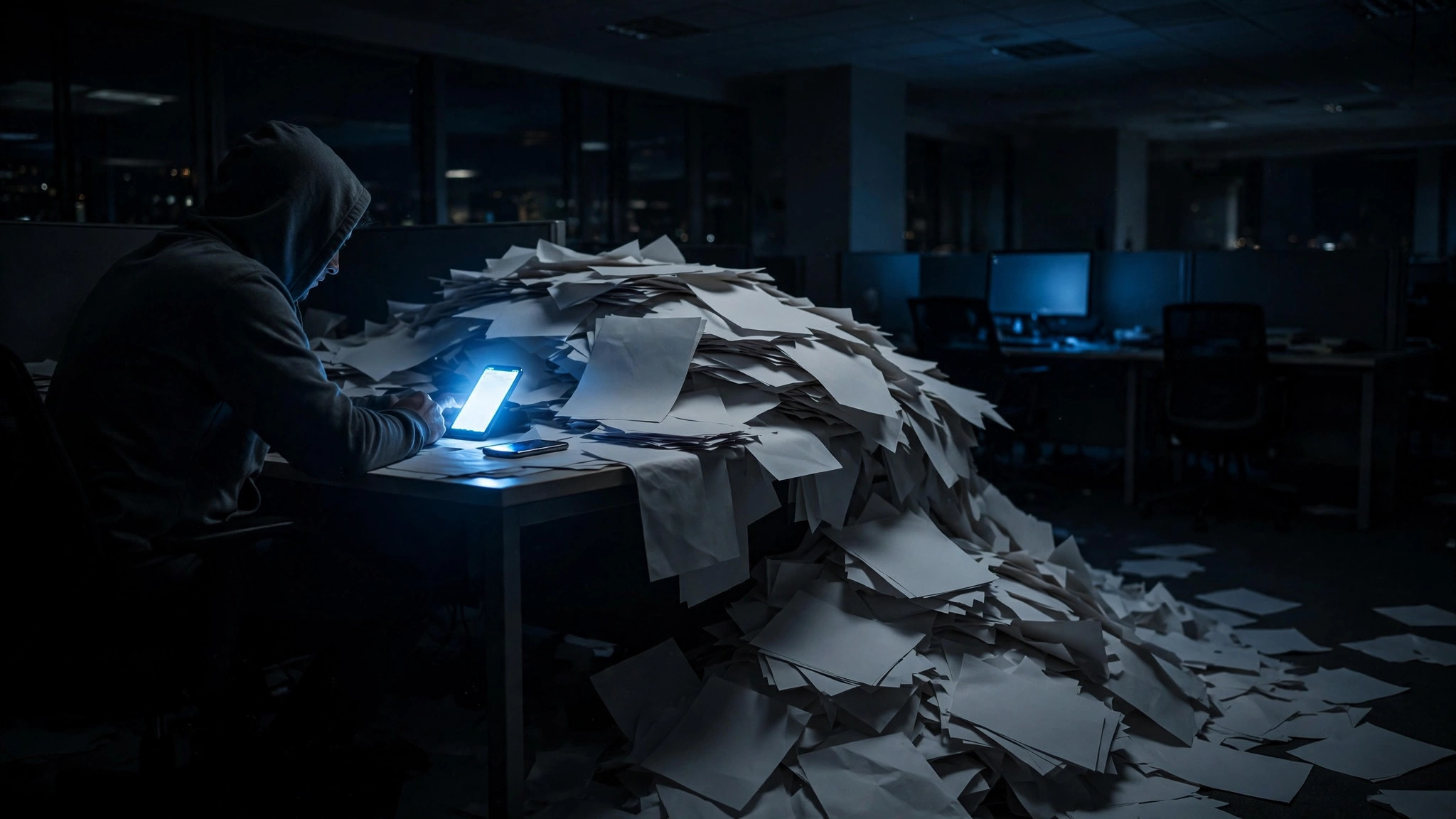 An on-call desk at 2 AM buried under an avalanche of printed support tickets, a glowing phone alert lighting the scene