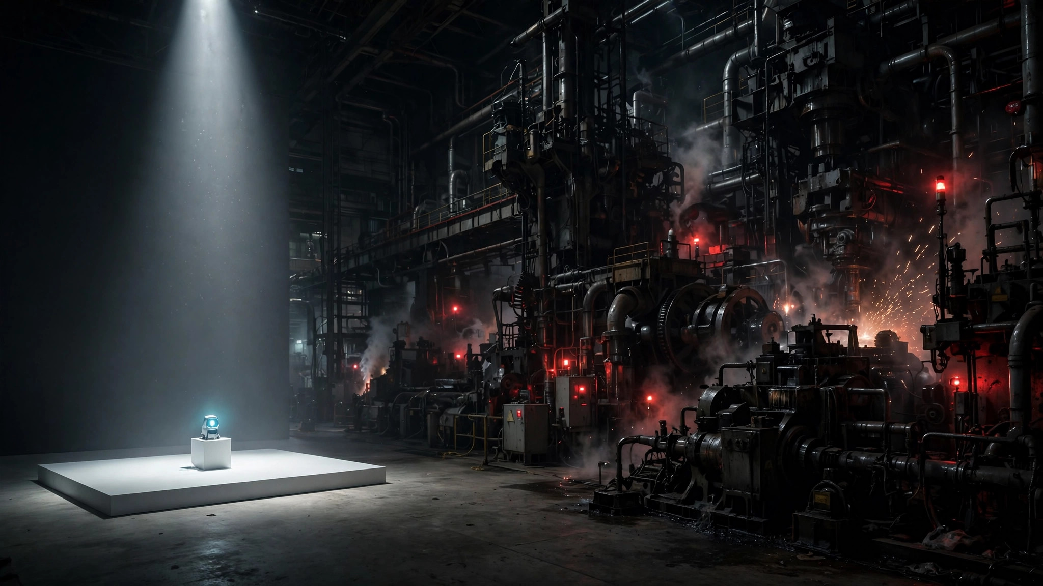 A tiny pristine demo stage with one spotlight beside a vast dark industrial production floor with red warning lights