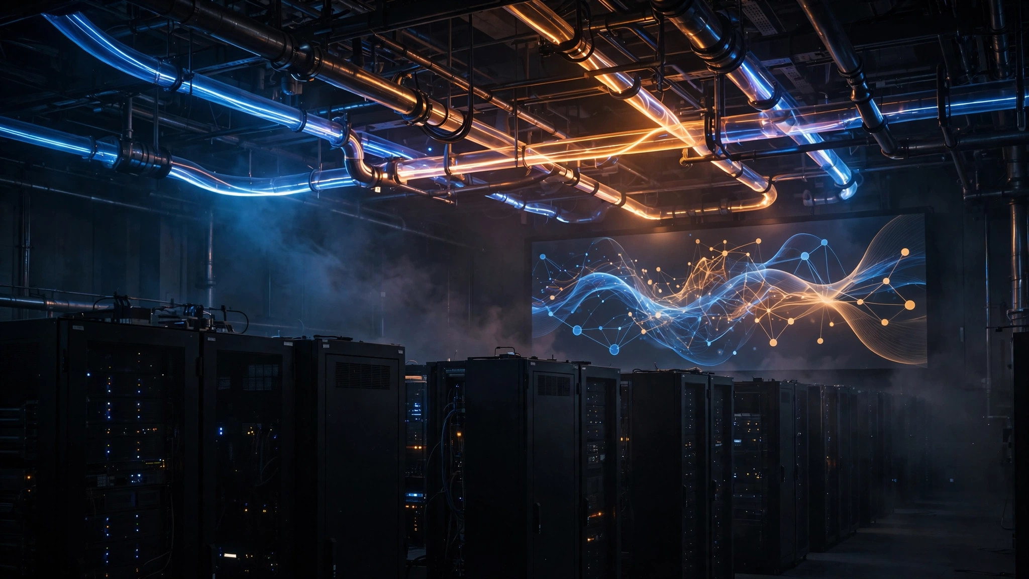 Dark data pipeline control room at night with glowing conduit lines