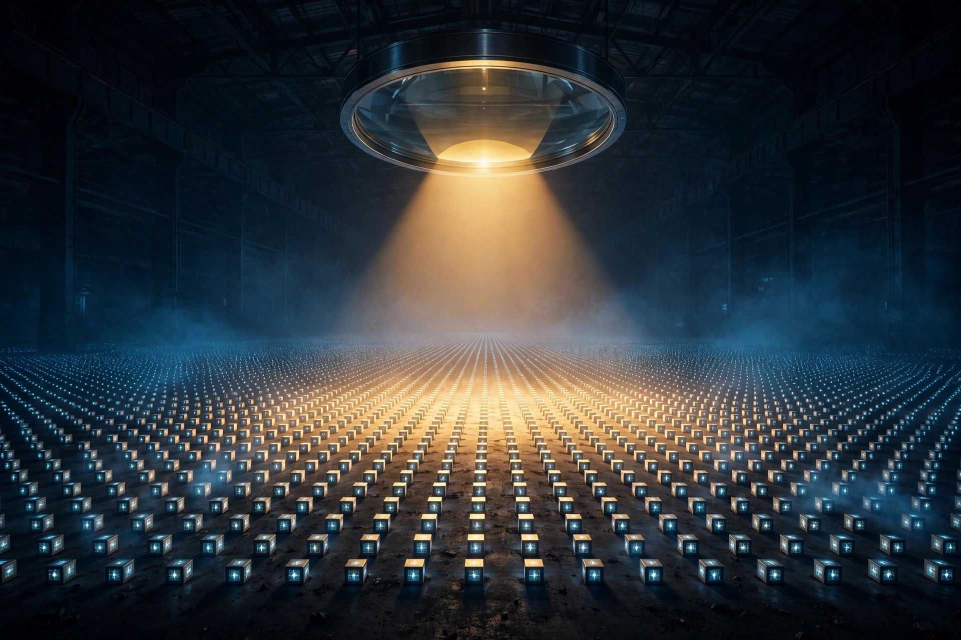 A vast dark warehouse of glowing data cubes in perfect rows with a giant magnifying lens illuminating every single one