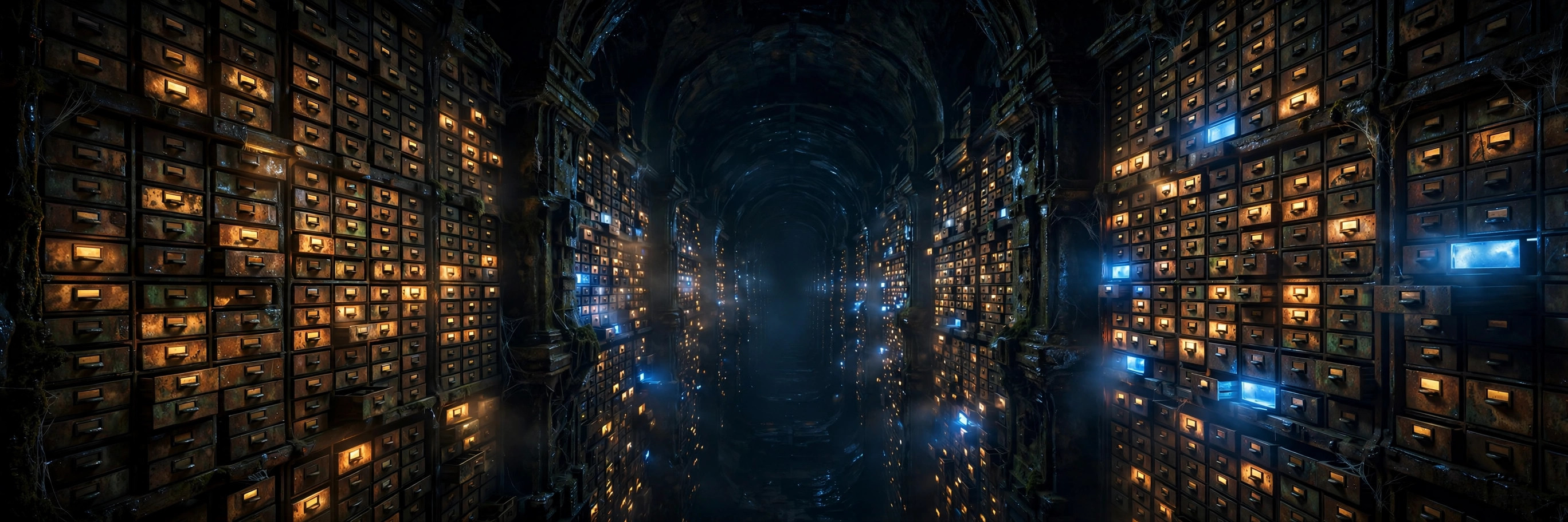 A vast dark archive of glowing memory drawers stretching into the distance, most of them corroded amber, a few glowing clean blue
